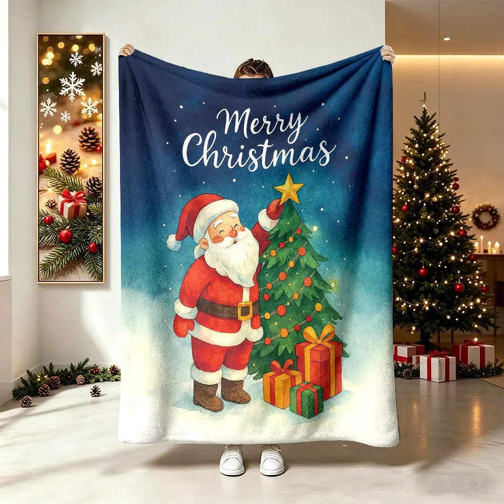 230g Flannel Fleece Blanket Christmas Santa Claus Christmas Tree Pattern Soft Warm Cozy Winter Blanket