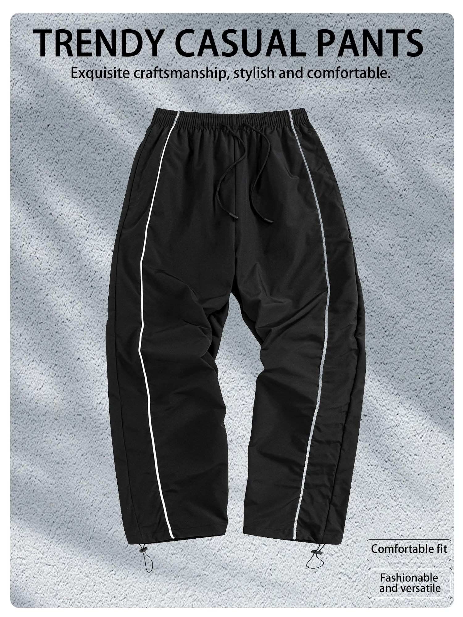 Herren-Sporthose in Schwarz mit chinesischem Schriftzug „Gerechtigkeit“ und weißen Seitenstreifen, Kordelzug, lässige, locker sitzende Hose – Detail 6