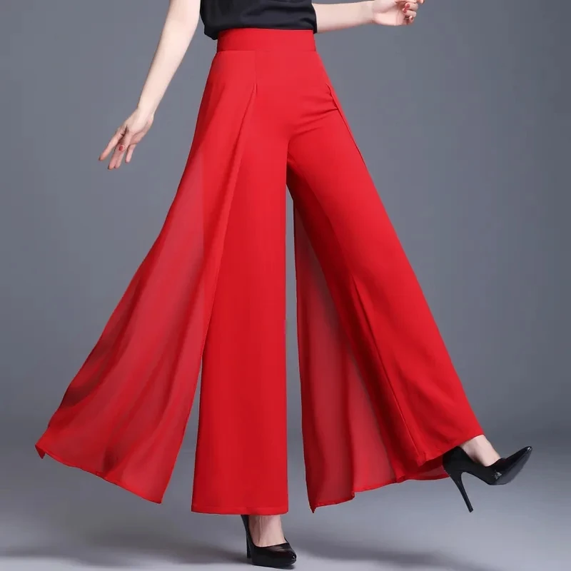 Women Chiffon Wide Leg Pants Spring Summer Thin Culottes High Waist Loose All-match Solid Lady Trousers Elegant Fashion Palazzo