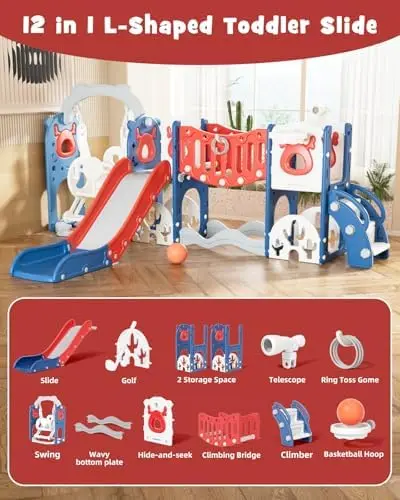 12-in-1 Toddler Slide and Swing Set, Kids Slide for Toddlers Age 1+, Toddler Outdoor Playset New Upgrade with Set
