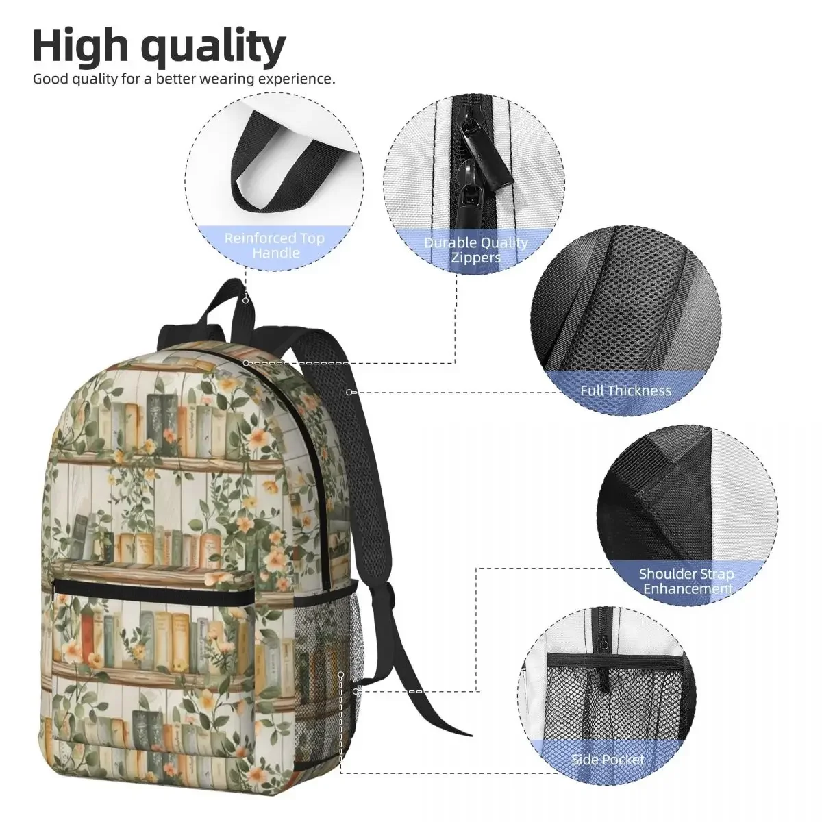 Vintage Bookshelf With Green Plant Backpack Daypack Large Capacity Kids BookBag School Bag Shoulder Bags for Men Women