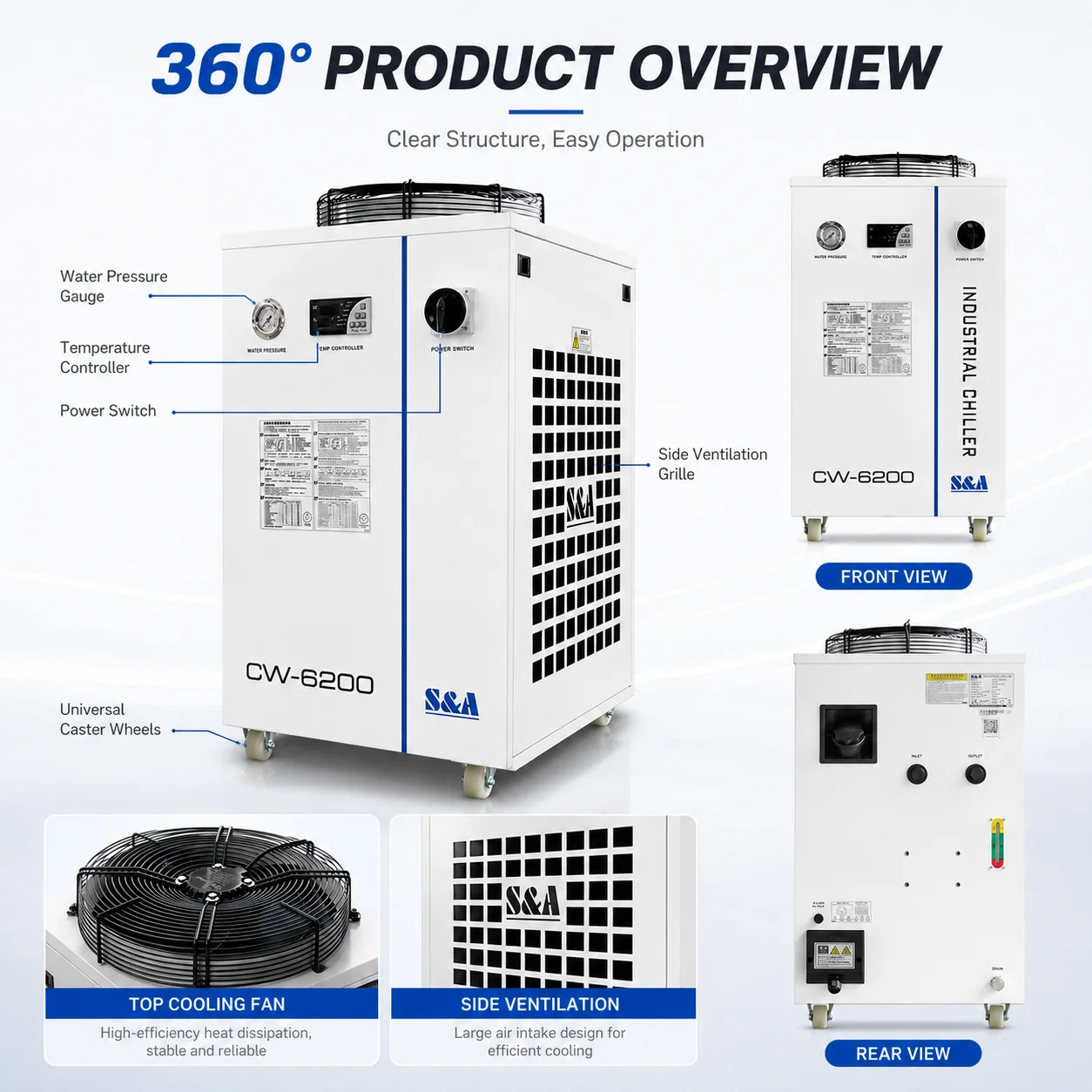 CW-6200 Industrial  Chiller Up to 5.17kW Recirculating Cooling System 220V for Laser Equipment Temperature Control water chiller