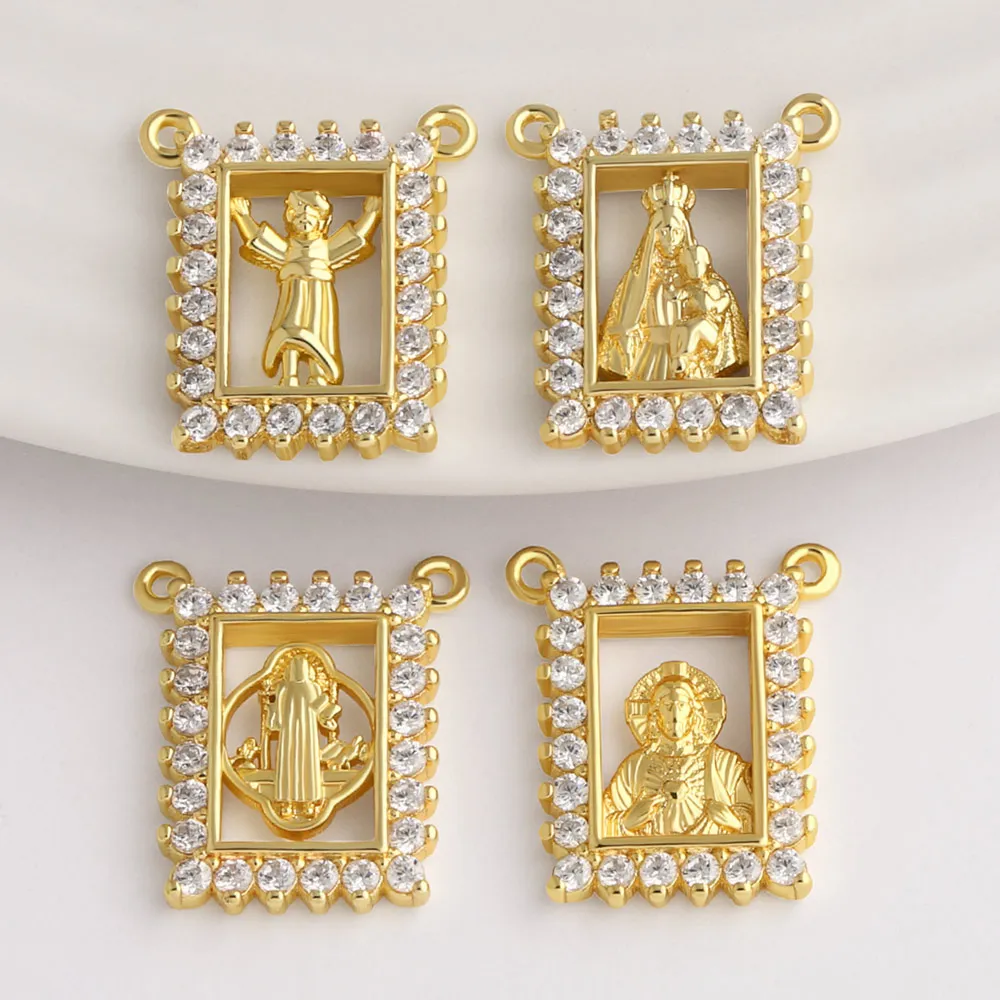 OCESRIO Brass Crystal Frame Baby Jesus Virgin Mary Sacred Heart Pendant for Necklace Gold Plated Religious Jewelry Craft pdtb873