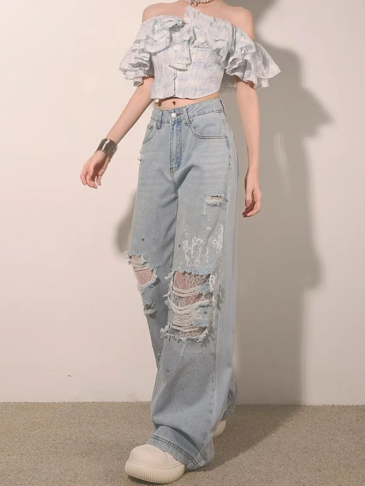 Y2K Streetwear Ripped Lace Rhinestone Jeans High Waist Wide Leg Straight Pants Women Summer Loose Vintage Bleach Denim Trousers