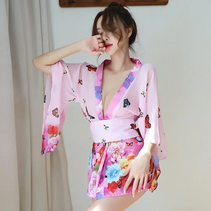 Top Fashion Sexy Women Nightgown Fun Lingerie Night Wears Printing Japanese Kimono Retro Pajama Set Loudspeaker Sleeve Home Wear