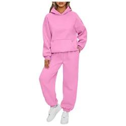 Casual Women Fleece Tracksuit Autumn Winter Loose Suits Hoodies Pullover Sweatshirt And High Waist Pants Two Piece Set