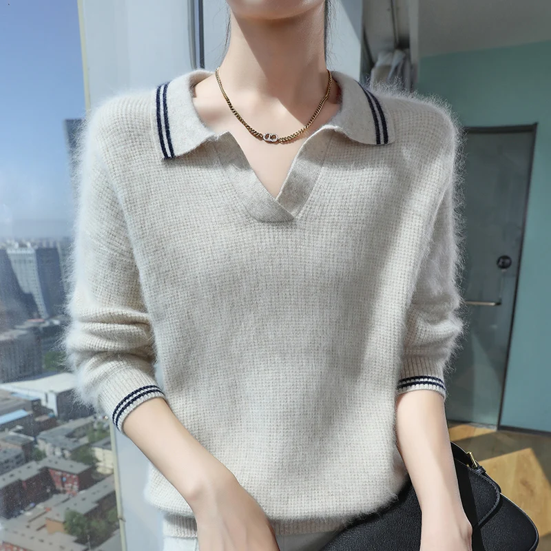 Fashion Women Cashmere Sweater POLO V-neck Pullover Autumn Winter Female Clothing Casual Warm 100% Mink Cashmere Knitted Jumper