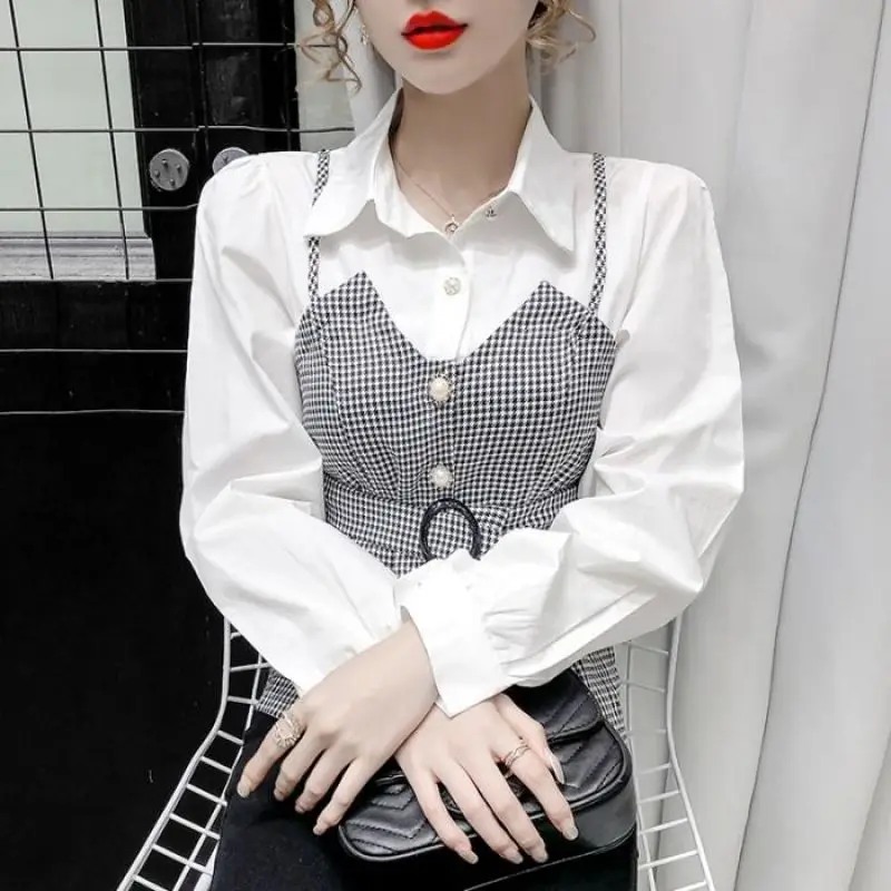 

Women's Versatile Temperament Top 2023 Autumn and Winter New Fashion POLO Collar Splice Buttons Up Commuting Long Sleeved Shirt