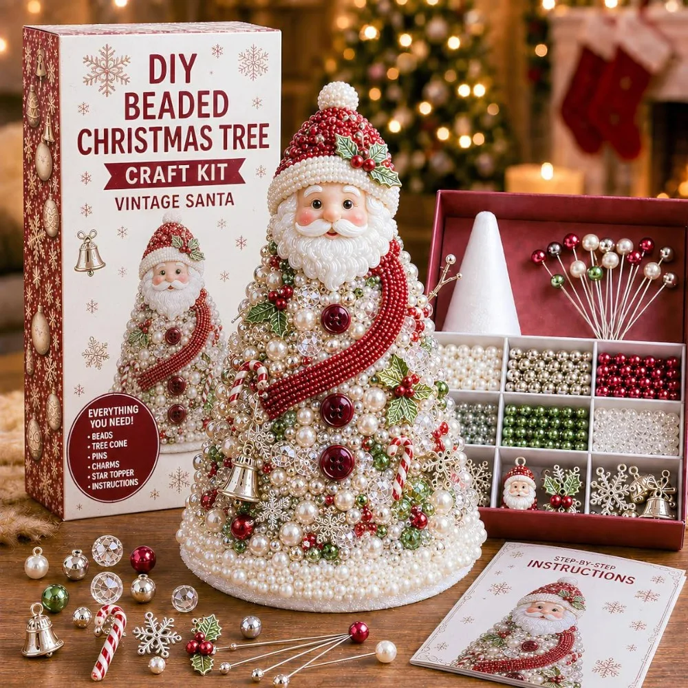 DIY Beaded Christmas Tree Craft Kit, Cardinal Winter Bird Mini Desktop Christmas Tree Making Set, Complete Beads and Pinecone Decoration Supplies for Christmas Desktop Home Decor