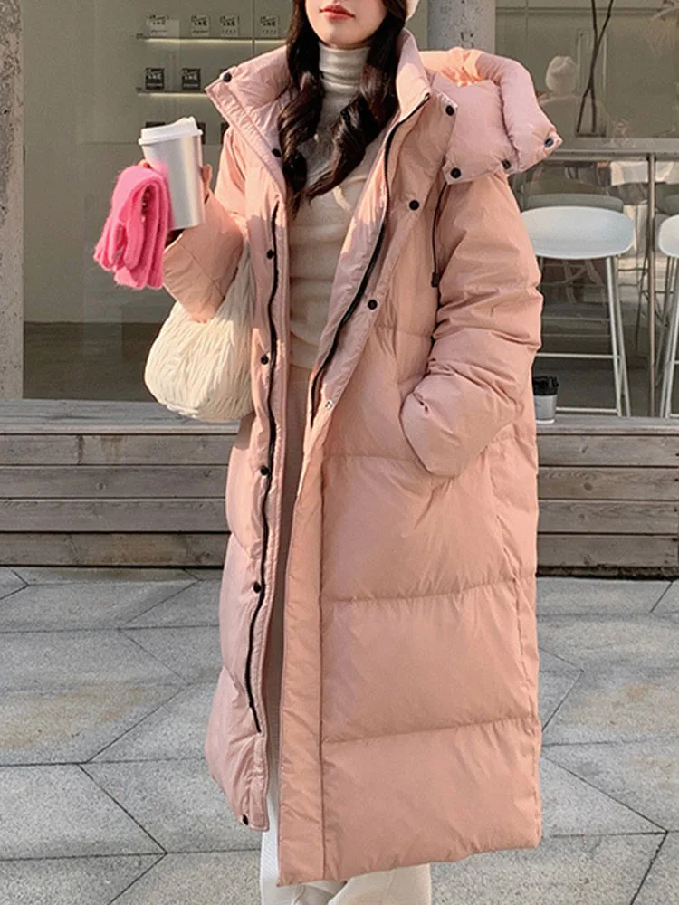 Oversized Down Coats Women Winter Thick Warm Hooded Long Padding Jacket Ladies Korean Fashion Casual Single Breasted Outerwear