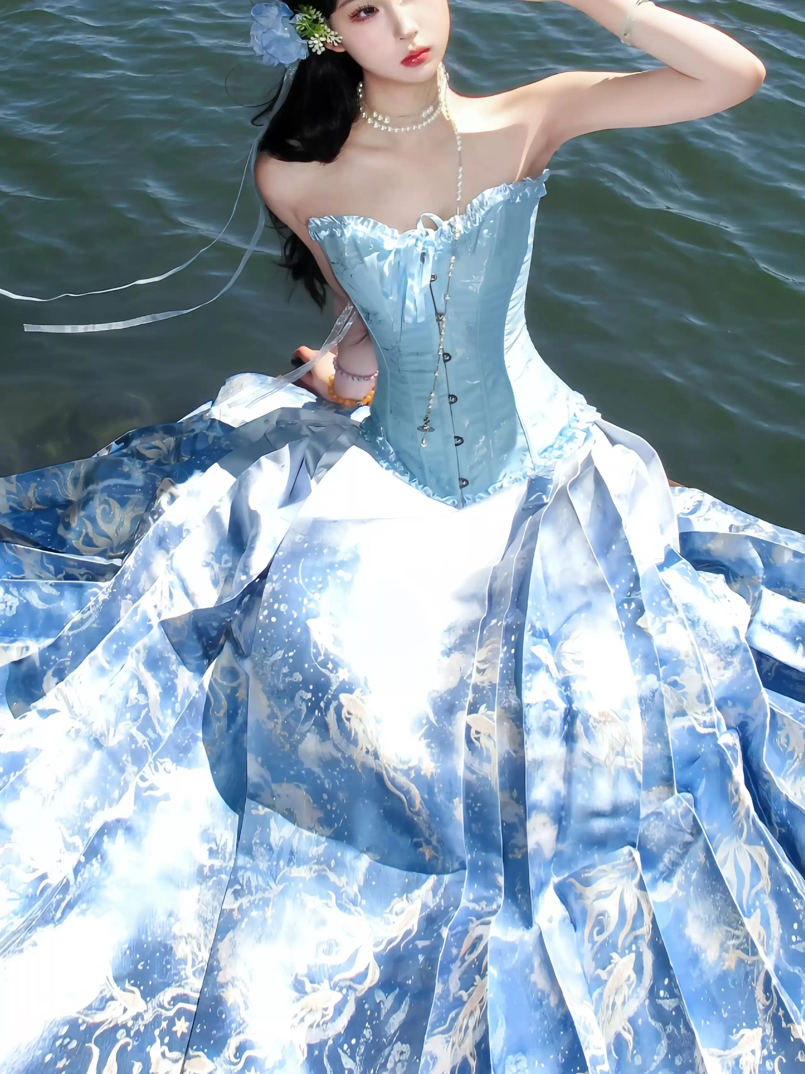 Original YunShangYin 'Beihai Ling Fish' Imitation Makeup Flower Dreamy Long Hanfu Skirt High Waist A-Line Polyester Fiber