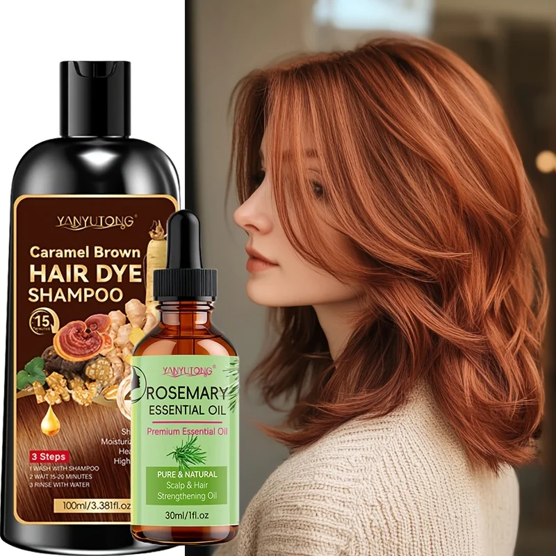 100ml 4-in-1 Caramel Hair Dye + 30ml Rosemary Essential Oil, instant coloring, shiny and smooth, voluminous and anti-frizz.