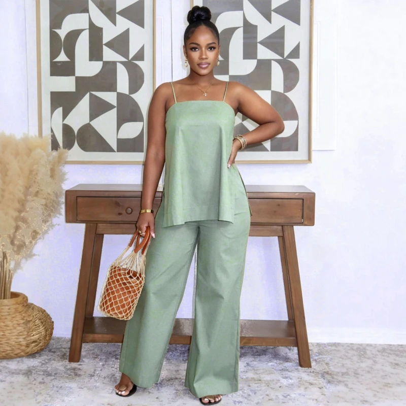 

New African Fashion Summer Women Two Piece Set Sleeveless Spashetti Strap Top And Pants Set Casual Outfits