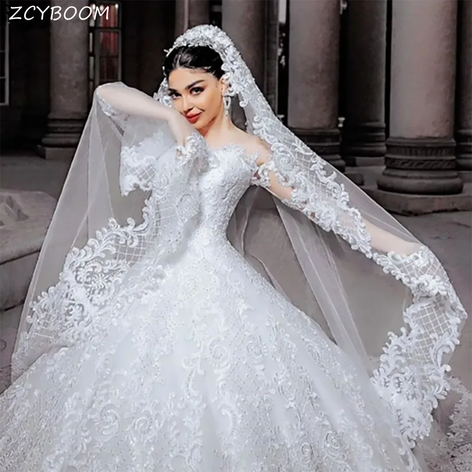 Gorgeous Sweetheart Lace Appliques Ball Gown Wedding Dresses 2025 Illusion Long Sleeves With Court Train Tulle Vestidos De Novia