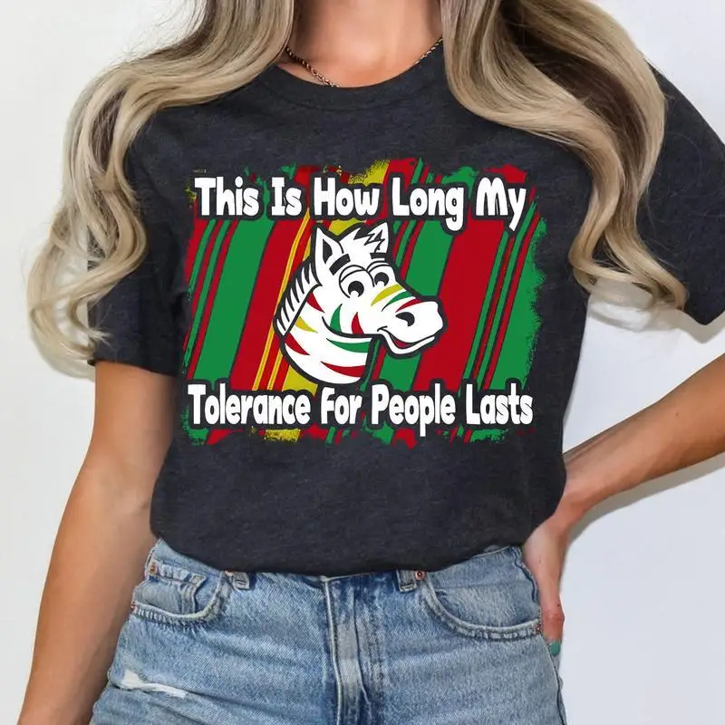 

Funny Zebra Print T-Shirt, "My Tolerance For People" Graphic Tee, Sarcastic Short Sleeve Top for Women, Casual Party Gift