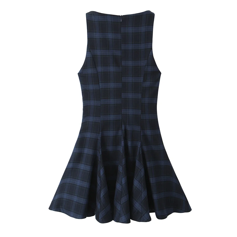 RZRA 2024 casual all-match round neck sleeveless temperament plaid dress A-line short skirt winter new women's clothing