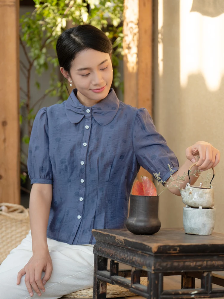 

Slim Fit Women's Silk Blend ort Sve irt round Ne Artistic Versatile Top Waist Cinching Summer Faion Commute Sle