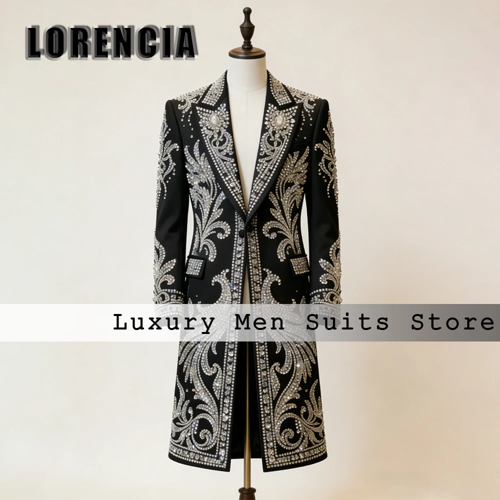 

Luxury Crystal Men Suits 2 Pieces Long Jacket Tuxedos Evening Party Outfit 2026 Customized Blazer Pants terno smoking masculino