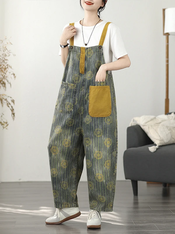 

Yellow Flower Print Color Blo Denim Overalls Women's Loose Casual Waed Harlan Pants Spring Summer Seasonal Faion Ladies...