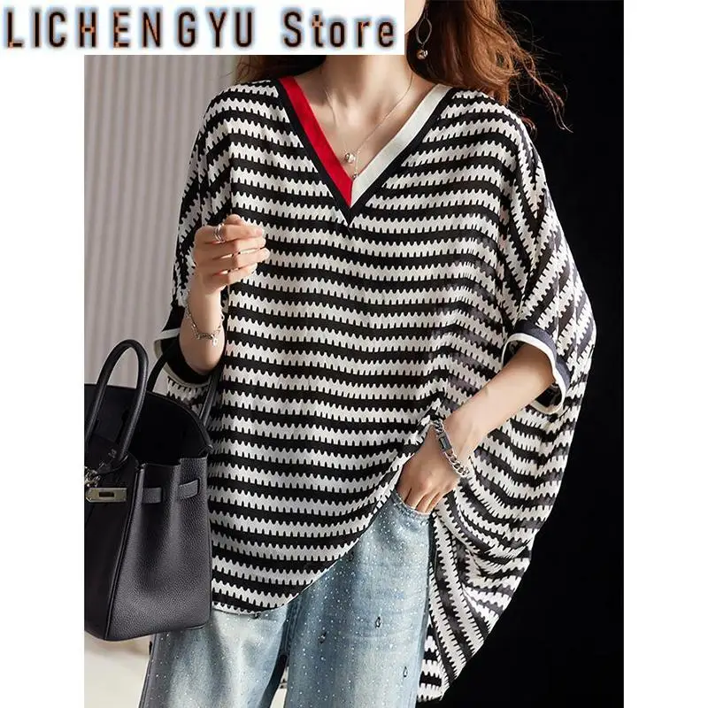 

Fashion V-Neck Loose Printed Striped Batwing Sleeve Blouses Women Clothing Summer New Oversized Casual Tops Commuter Shirts
