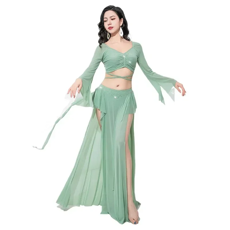 Chifre manga longa vestido de dança oriental brilho strass brilho saia sexy lado split carnaval fantasia feminino trajes adultos