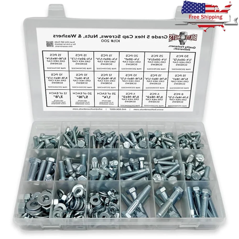 

Класс 5, винты с шестигранной головкой, гайки, шайбы, набор в ассортименте, 380 шт., высококачественные крепежные детали с крупной резьбой, пластиковая стопорная коробка