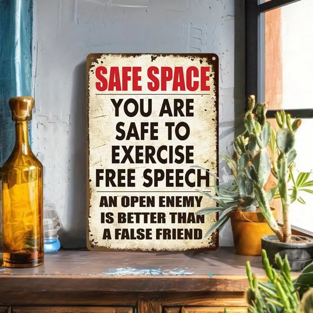 

1PCTinSign"SafeSpaceFreeSpeechWarning”-Political HumorMetal DecorforOffice/Living Room/Dorm,8x12in/20x30cm