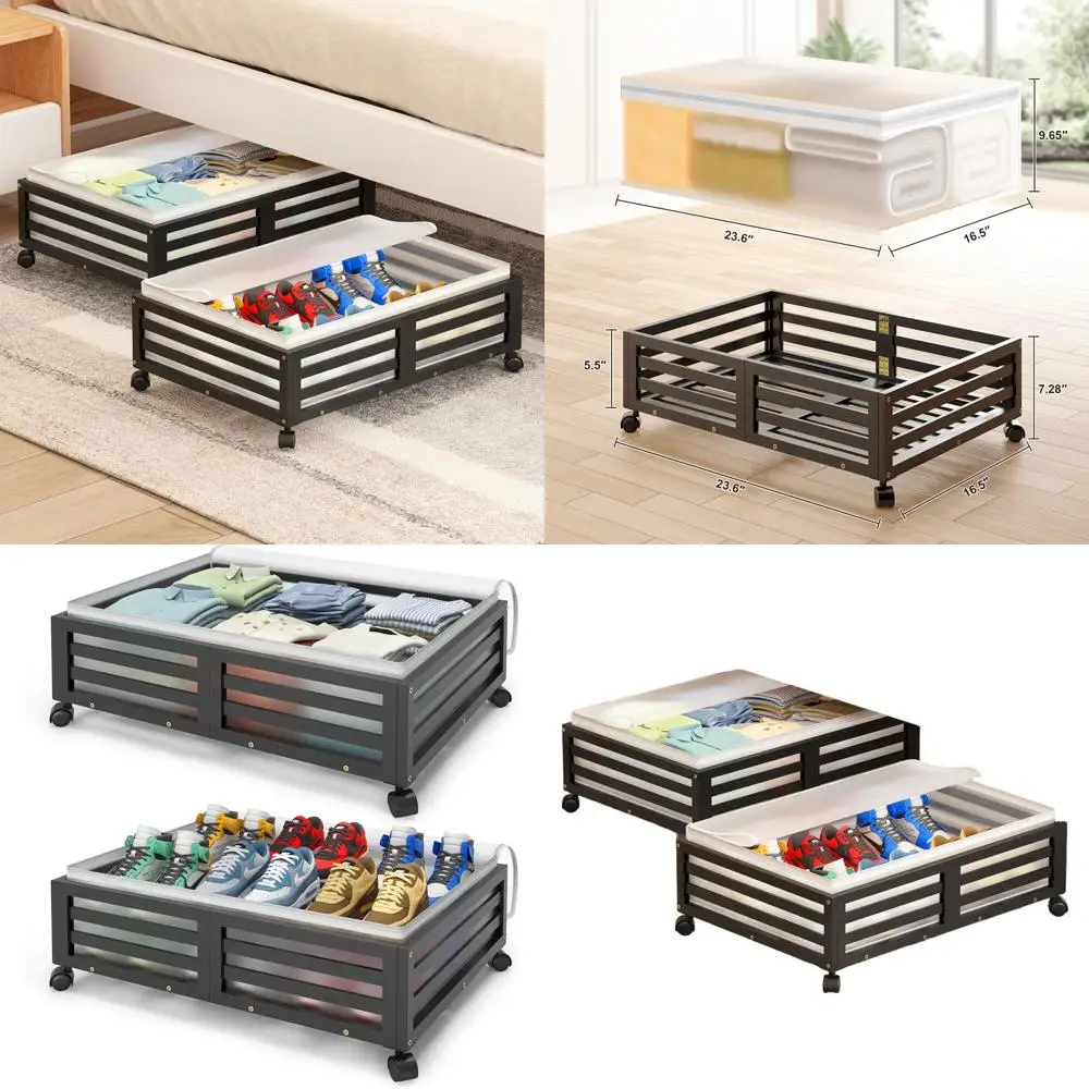 Caixas de armazenamento embaixo da cama de bambu com tampas à prova de poeira para sapatos, roupas e muito mais (preto)