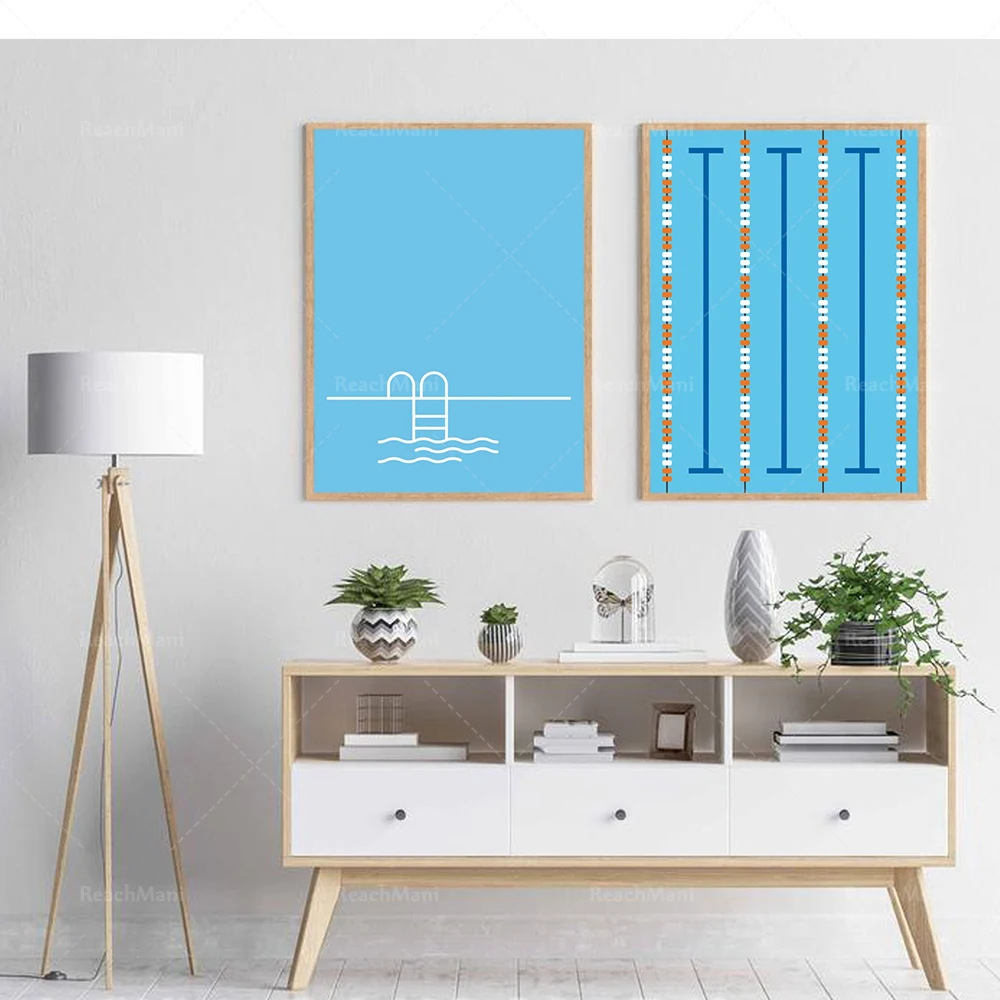 Swimming pool printing, illustration, swimming pool ladder, blue, minimalism, lane rope swimming pool poster canvas printing