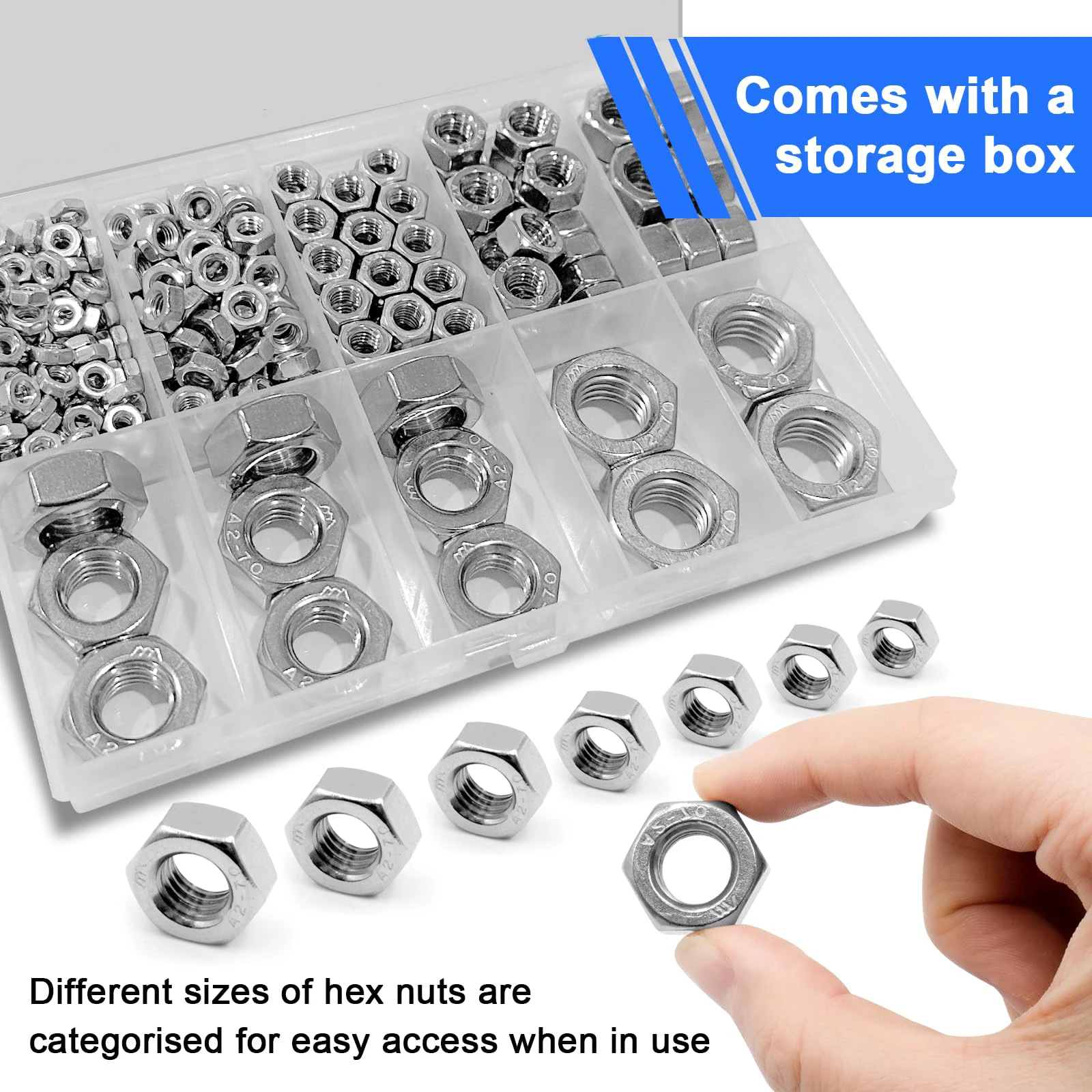 141PCS/Box Assorted Stainless Steel Hex Nuts Assortment Kit M2 M2.5 M3 M4 M5 M6 M8 M10 M12 M14 M16 Metric Hex Nut Set Hardware