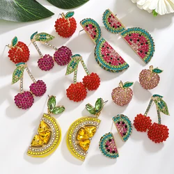 Girlgo Hand-Beaded Crystal Fruit Dangle Earrings, Cute Lemon Cherry Watermelon Earrings, Casual Wear for Beach Vacations