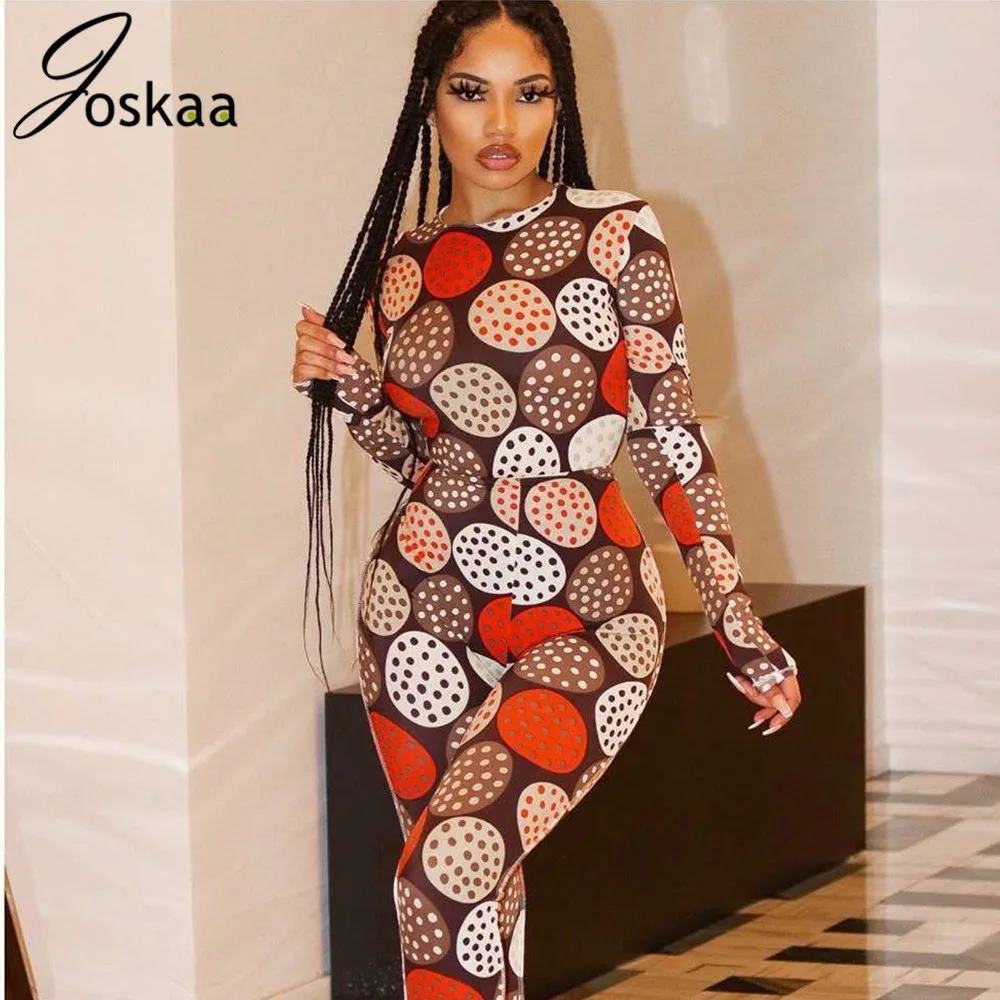 Joskaa Polka Dot Cookies Print 2020 Autumn New Colorful Two Piece Outfit Women's Long Sleeve Blouse Tight Hip Pants Suit