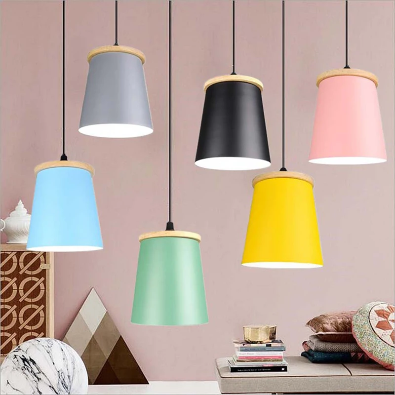 

Macaron LED Iron Wood Suspension Luminaire Colored Lustre Hanging Lights Sweet Home Interior Chandeliers Lamp Ceiling Decoration