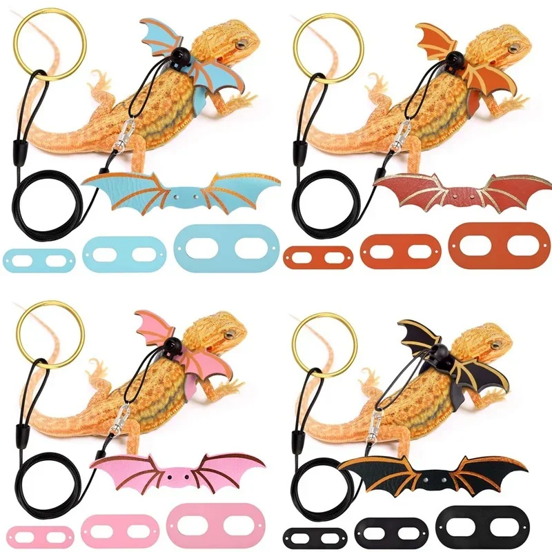 

2025 New 3 Pcs Adjustable Bearded Dragon Leash With Bat Wings Soft Leather Lizard Harness For Amphibians And Other Small Reptile