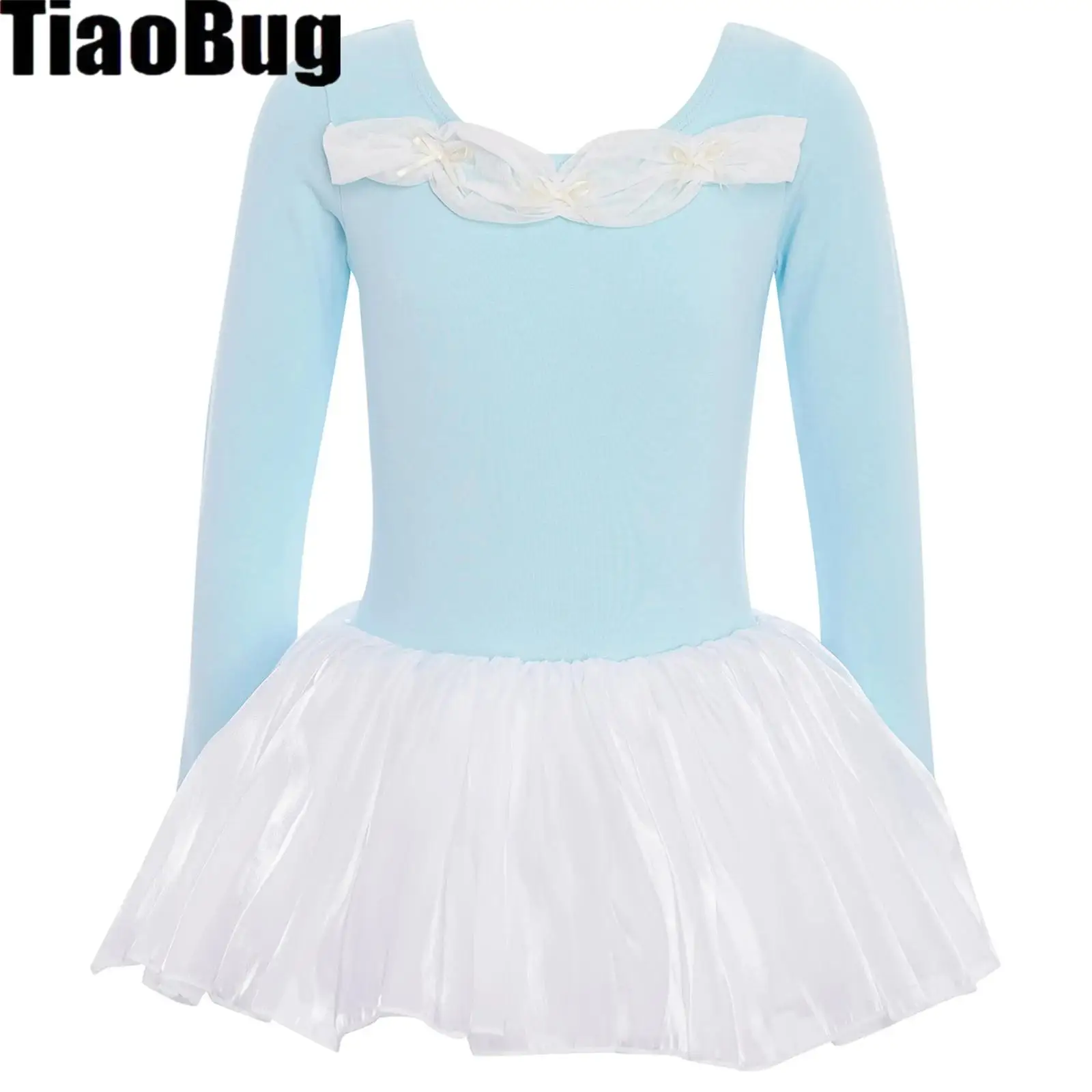 

Kids Girls Tulle Tutu Dance Dress Bowknots Ruched Ballet Dresses Long Sleeve Ballet Dress for Stage Performance Competition