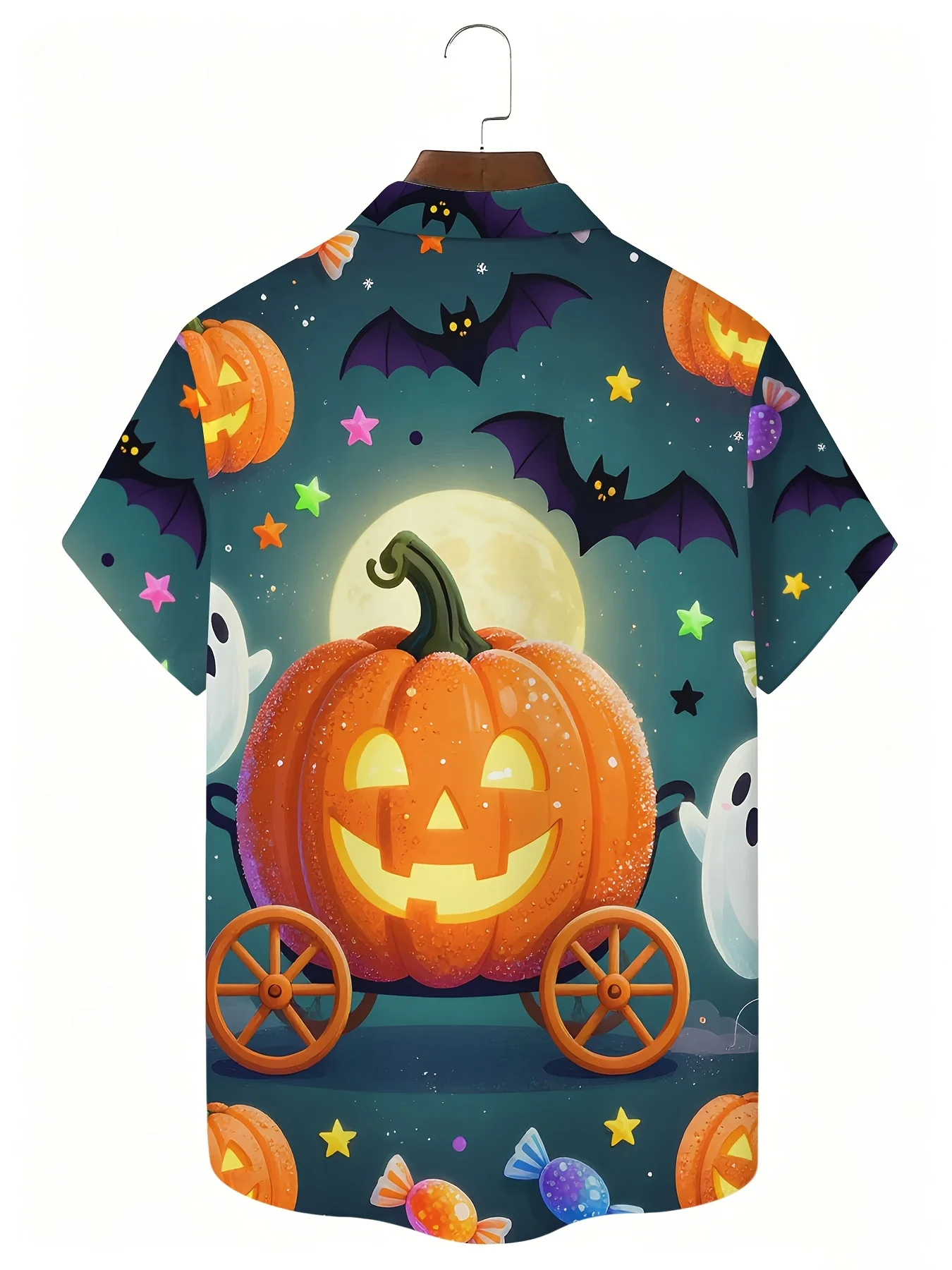 Men Halloween Pumpkin Ghost Bat Print Short Sleeve Shirt Lapel Collar Holiday Party Casual Tops