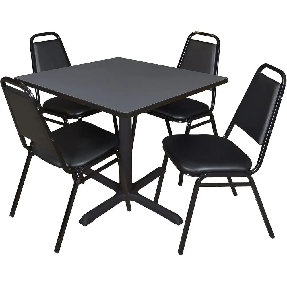 

36 Square X-Base Cafe Table with 4 Stackable Dining Chairs in Grey & Black