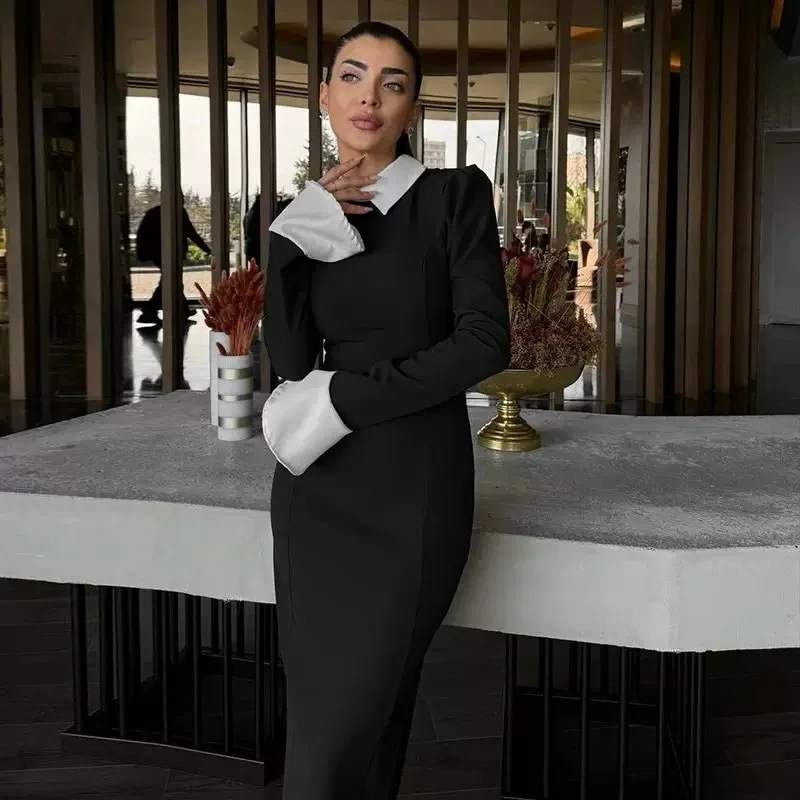 Elegancki płaszcz w stylu vintage z długim kołnierzem, wyszczuplający, maxi, dzianinowy z włókna poliestrowego, długi rękaw.