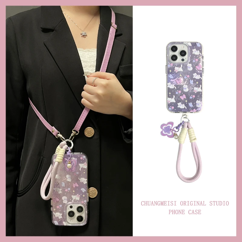 

Милый фиолетовый цветок-подвеска с котом для Apple 16 pro max чехол для телефона iphone 15 pro max со шнурком 14promax Fantasy 15 pro Crossbody 16