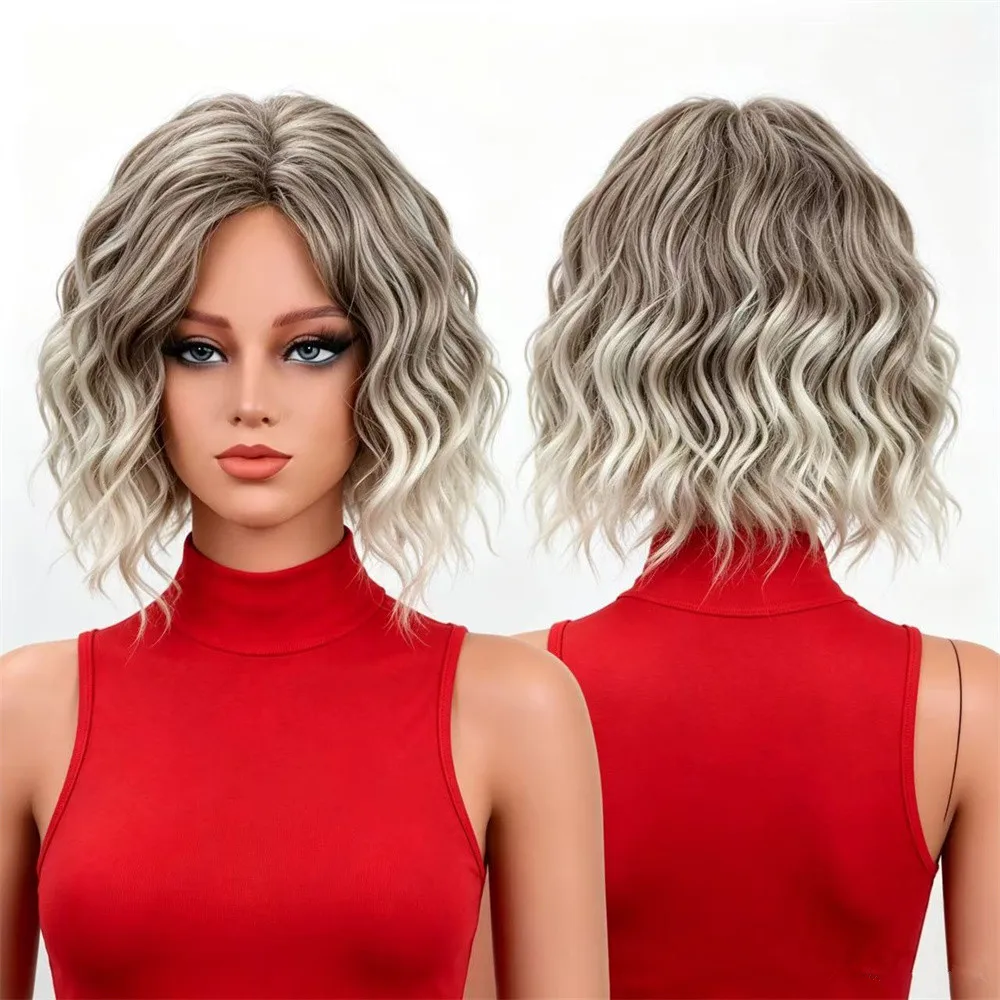 

Short Wavy Bob Wig Side Part Synthetic Heat Resistant Wig Natural Water Wave Shoulder Length Daily Party Cosplay Wigs for Women
