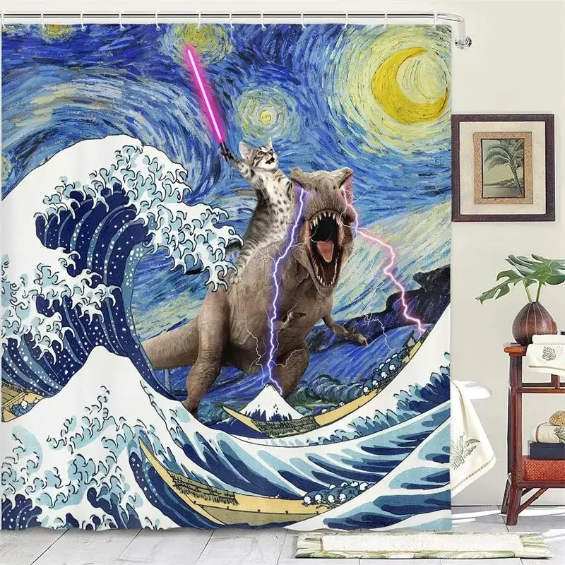 Funny Cat Riding Dinosaur Shower Curtains Cute Animal Sea Waves Surfboard Creative Kids Bath Curtain Set Fabric Bathroom Decor view 4