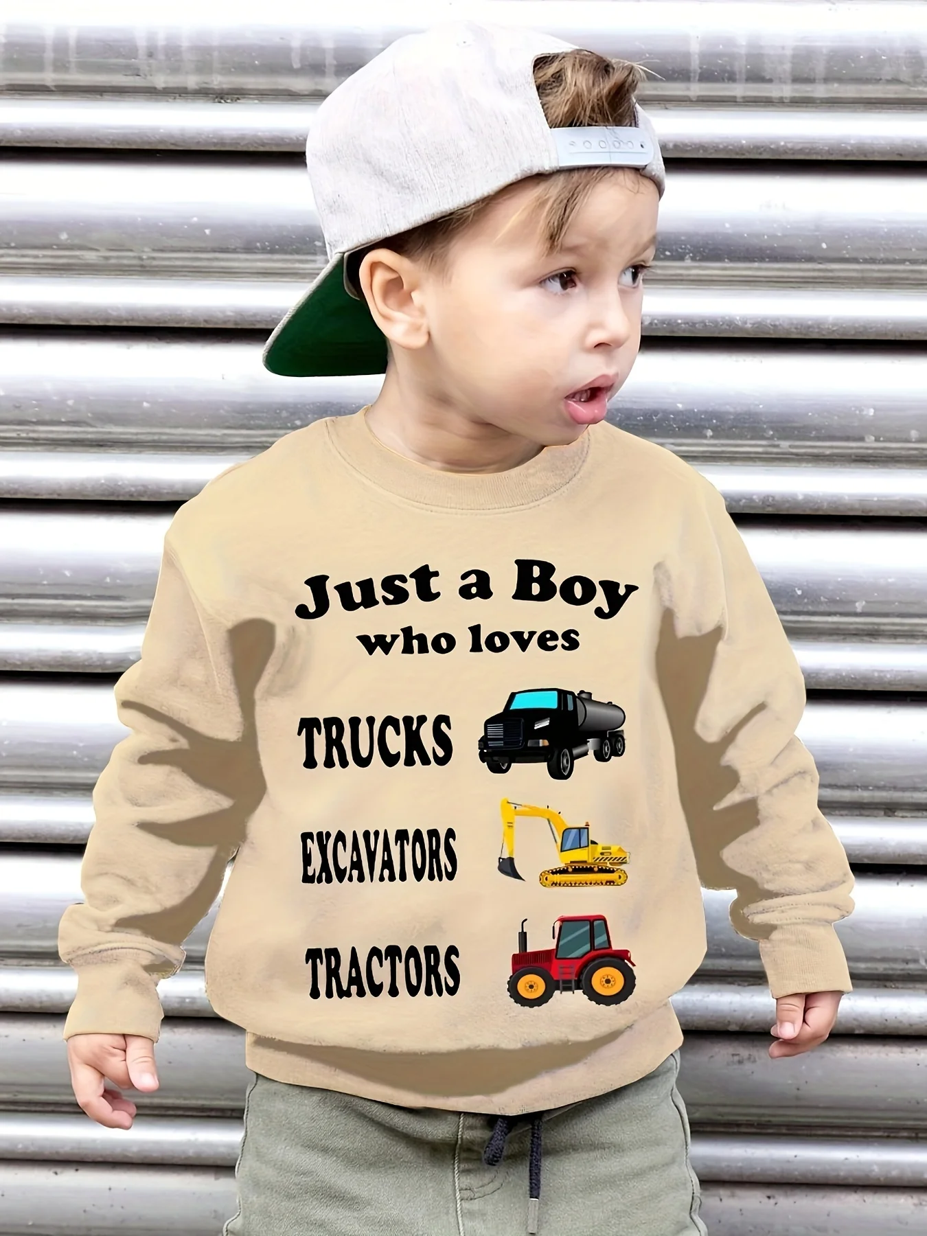 JUST A BOY WHO LOVES TRUCKS, EXCAVATORS AND TRACTORS Letter Graphic Print Kids Long sleeved Pullover Top