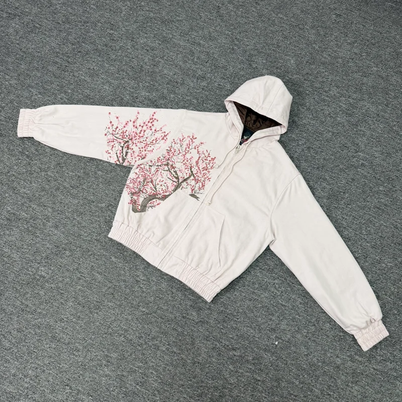 

New Arrival Derschutze Jacket Coat High Street Pink Flower Embroidery Sweatshirt Men Women Casual Hooded Zipper Cardigan