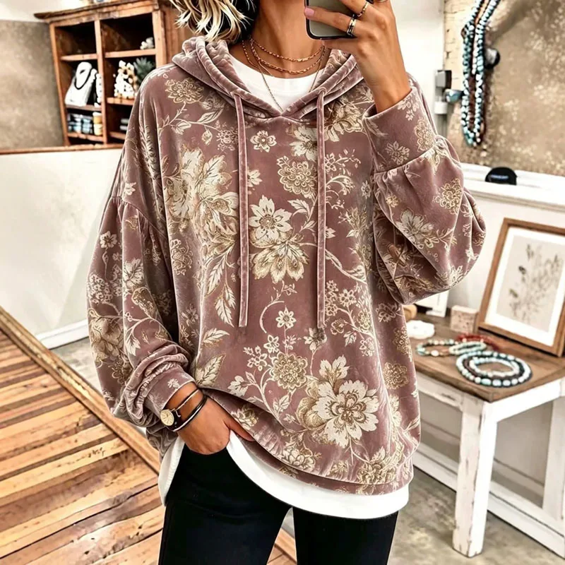 Casual Floral Velvet Hooded Sweatshirt Ladies Drawstring Long Sleeve Vintage Flower Print Loose Pullover Daily Street Winter Top
