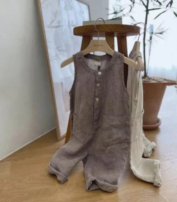 

2023 Summer New Children Sleeveless Jumpsuit Infant Toddler Solid Casual Overalls Baby Boy Girl Cotton Linen Pocket Kids Clothes