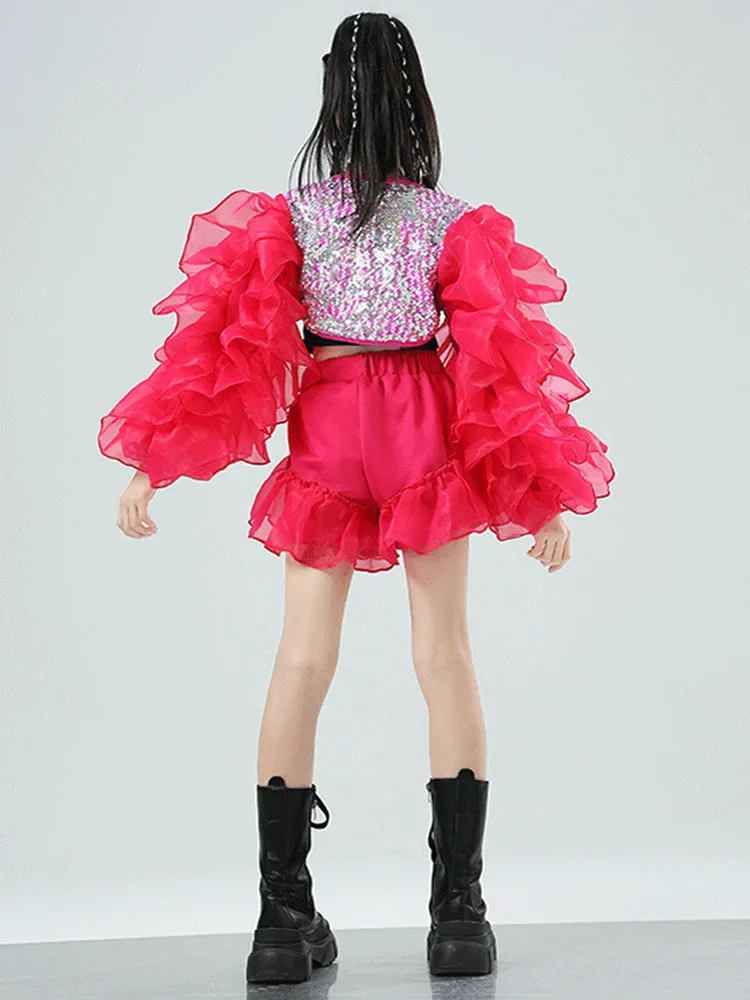 Concert Stage Performance Wear Girls Jazz Dance Costume Red Puff sleeves Sequin Tops Shorts Suit Kids Hip Hop Dance Clothes