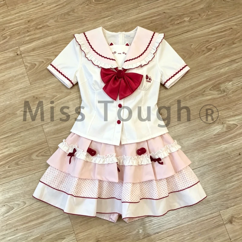 

Embroidery Lolita Design Japanese Sweet Women's 2 Piece Set Bow Polka Dot Pleated Skirt Suits Kawaii Summer Daily School Outfits