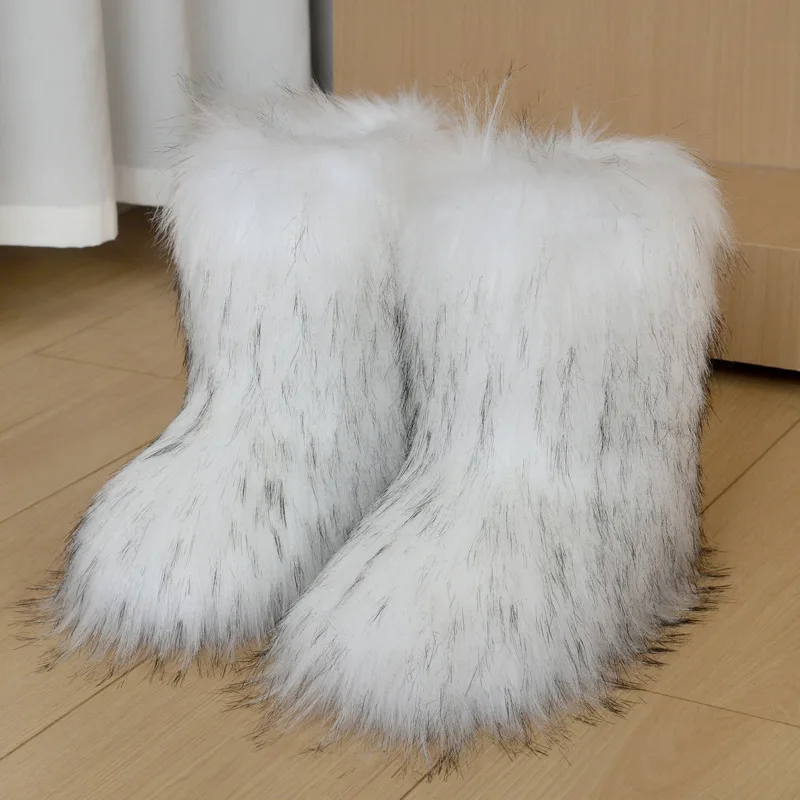 

Sexy Over Knee Boots Women Winter Furry Faux Fur Snow Boots Ladies Above The Knee Raccoon Fur Boots Large Size Plush Warm Shoes