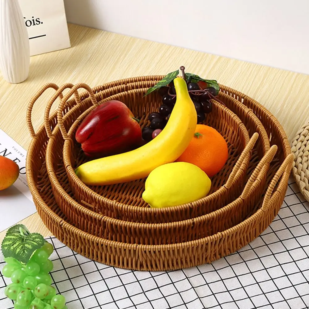 Food Plate Handwoven Plastic Rattan Storage Tray Round Shape Fruit Vegetable Cake Wicker Rattan Threads Basket With Handle