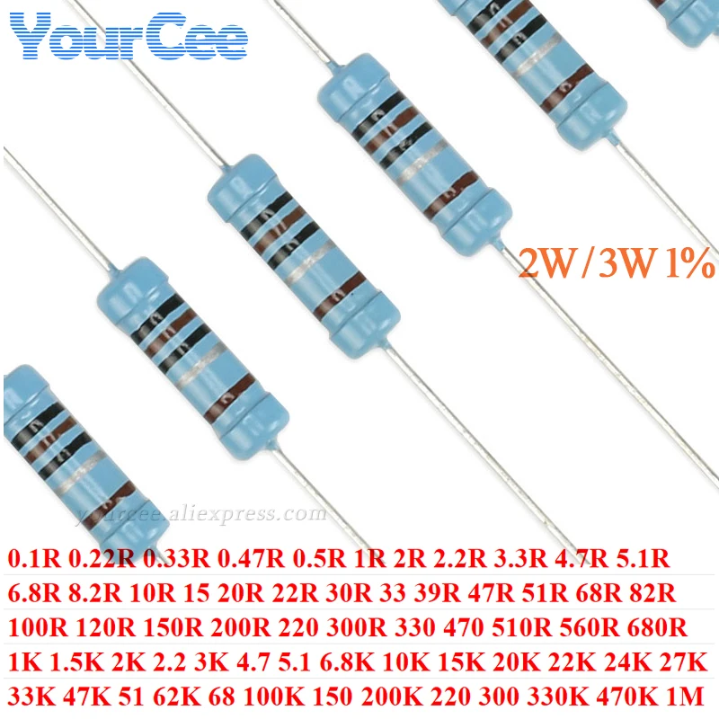 20pcs 2W 3W Metal Film Resistor 1% 0.1R 0.22R 0.33R 0.5R 47K 120K 10R 100R 100K 3.3R 33K 220R 62 82R 8.2R 68K 470K 1M Resistance